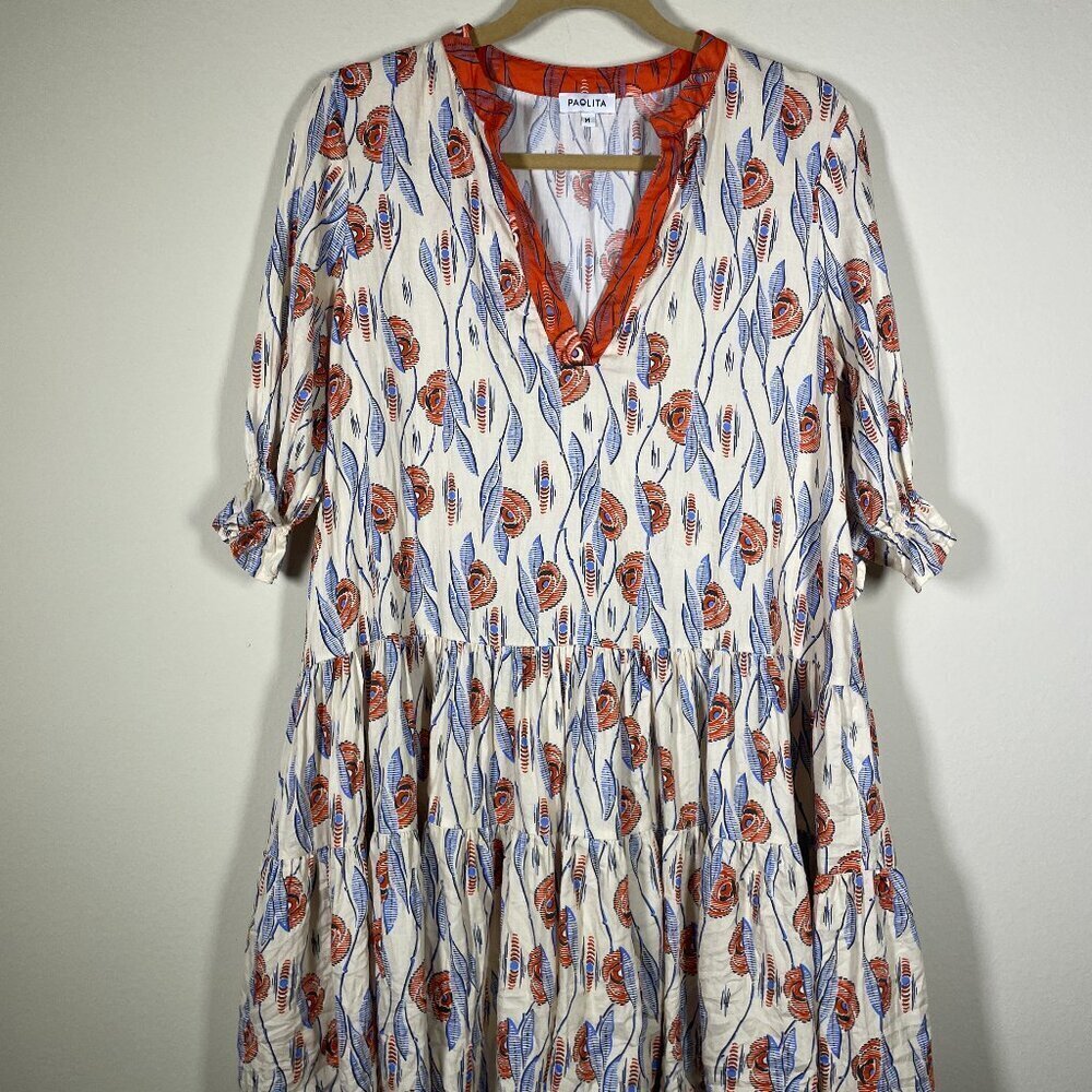 Paolita Women's Orange Blue Print Casual Peplum Dress M Lightweight Cotton! - Picture 1 of 5